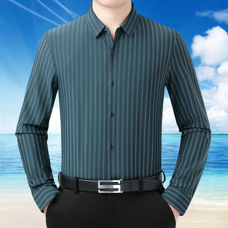 Pánska prúžkovaná bavlnená košeľa, dlhé rukávy, golier s lapelom, voľný strih, na jeseň nosenie