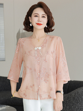 Női felső flitteres hímzéssel, V-nyakú, 3/4-es ujjas, laza szabás, poliészter, egyszínű, normál hossz