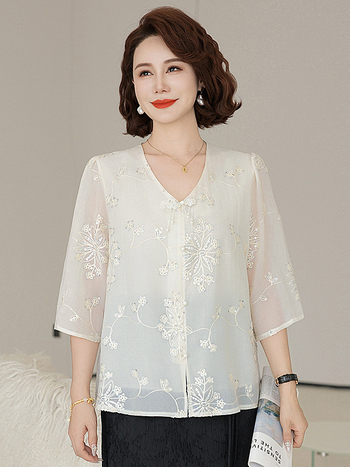 Női felső flitteres hímzéssel, V-nyakú, 3/4-es ujjas, laza szabás, poliészter, egyszínű, normál hossz