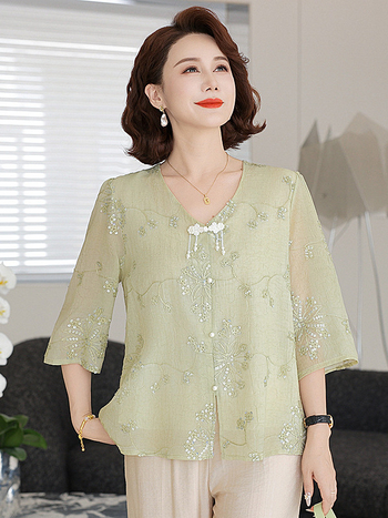 Női felső flitteres hímzéssel, V-nyakú, 3/4-es ujjas, laza szabás, poliészter, egyszínű, normál hossz