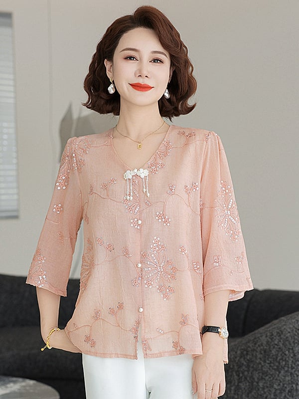 Női felső flitteres hímzéssel, V-nyakú, 3/4-es ujjas, laza szabás, poliészter, egyszínű, normál hossz