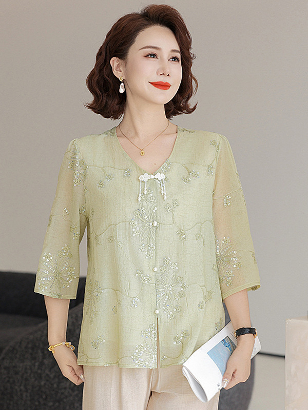 Női felső flitteres hímzéssel, V-nyakú, 3/4-es ujjas, laza szabás, poliészter, egyszínű, normál hossz