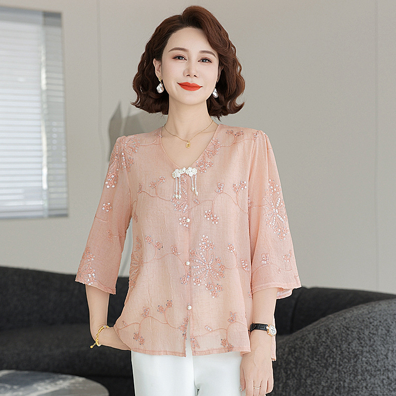 Női felső flitteres hímzéssel, V-nyakú, 3/4-es ujjas, laza szabás, poliészter, egyszínű, normál hossz