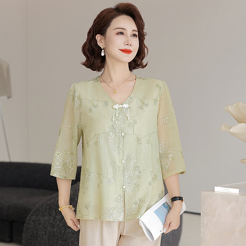 Női felső flitteres hímzéssel, V-nyakú, 3/4-es ujjas, laza szabás, poliészter, egyszínű, normál hossz