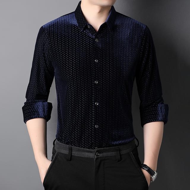Muška košulja s dugim rukavima od zlatnog baršuna, jednobojna, s ovratnikom tipa lapel, slim fit za proljeće i jesen