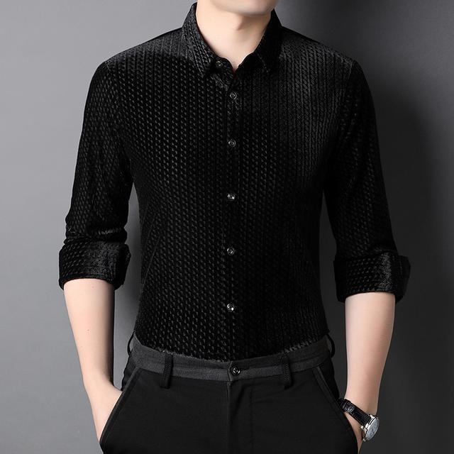 Muška košulja s dugim rukavima od zlatnog baršuna, jednobojna, s ovratnikom tipa lapel, slim fit za proljeće i jesen