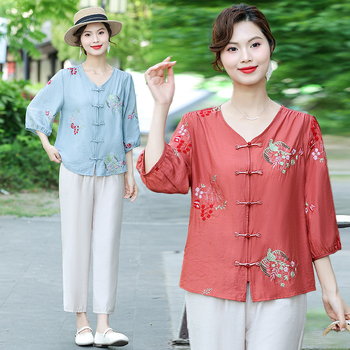 Bluza brodată din Tencel, mâneci scurte, vară 2025, Lyocell 50–70%, alt material <30%, stil urban și deplasare