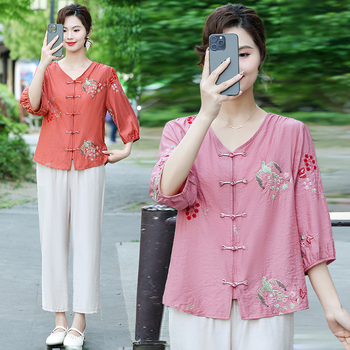 Bluza brodată din Tencel, mâneci scurte, vară 2025, Lyocell 50–70%, alt material <30%, stil urban și deplasare