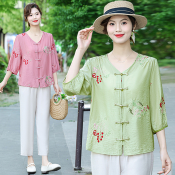 Bluza brodată din Tencel, mâneci scurte, vară 2025, Lyocell 50–70%, alt material <30%, stil urban și deplasare