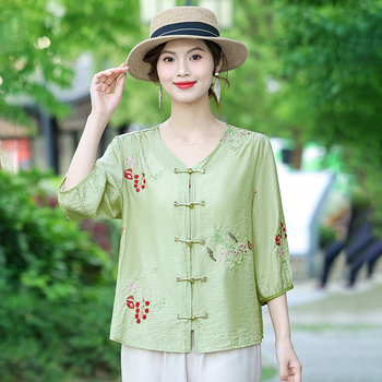 Bluza brodată din Tencel, mâneci scurte, vară 2025, Lyocell 50–70%, alt material <30%, stil urban și deplasare