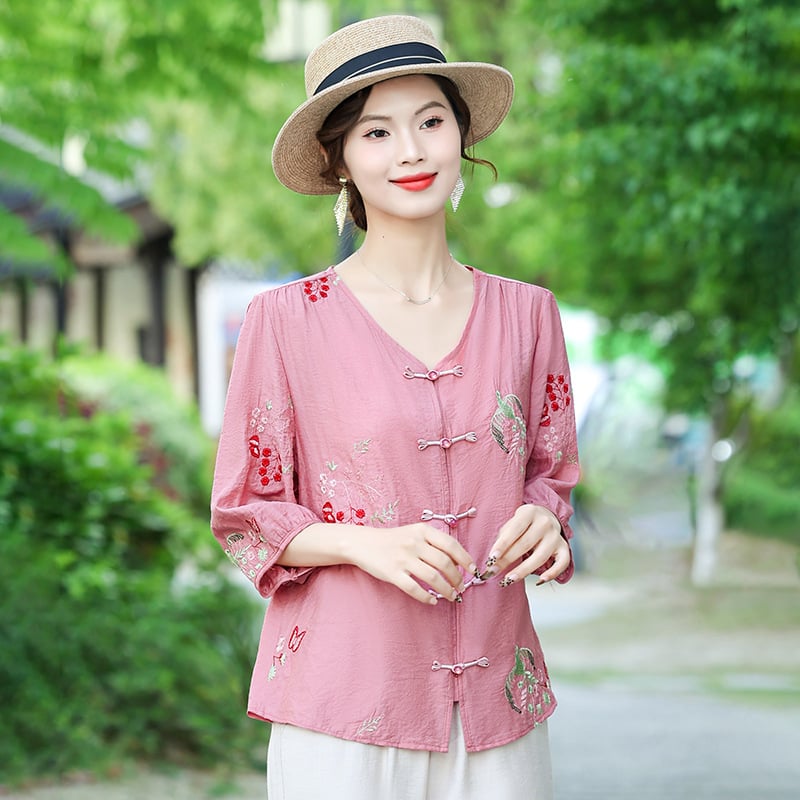 Bluza brodată din Tencel, mâneci scurte, vară 2025, Lyocell 50–70%, alt material <30%, stil urban și deplasare