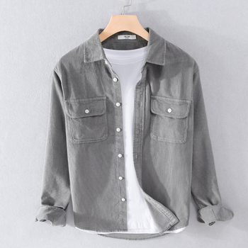 Férfi corduroy pamut hosszú ujjúing, laza szabás, galléros, egyszínű, zseb részletekkel, 100% pamut, tavasz-ősz