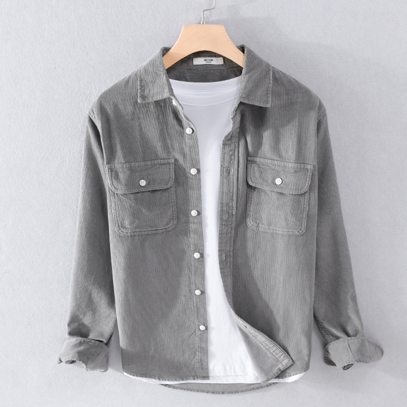 Férfi corduroy pamut hosszú ujjúing, laza szabás, galléros, egyszínű, zseb részletekkel, 100% pamut, tavasz-ősz