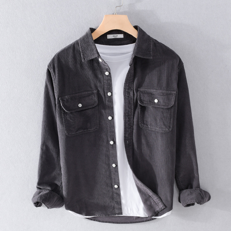 Férfi corduroy pamut hosszú ujjúing, laza szabás, galléros, egyszínű, zseb részletekkel, 100% pamut, tavasz-ősz