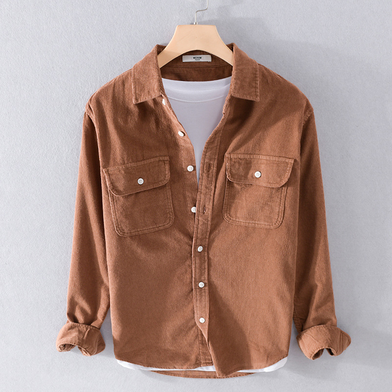 Férfi corduroy pamut hosszú ujjúing, laza szabás, galléros, egyszínű, zseb részletekkel, 100% pamut, tavasz-ősz
