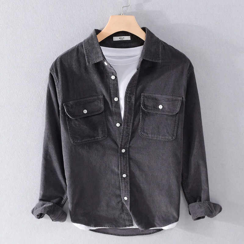 Férfi corduroy pamut hosszú ujjúing, laza szabás, galléros, egyszínű, zseb részletekkel, 100% pamut, tavasz-ősz