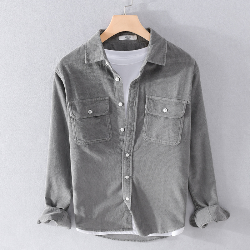 Férfi corduroy pamut hosszú ujjúing, laza szabás, galléros, egyszínű, zseb részletekkel, 100% pamut, tavasz-ősz