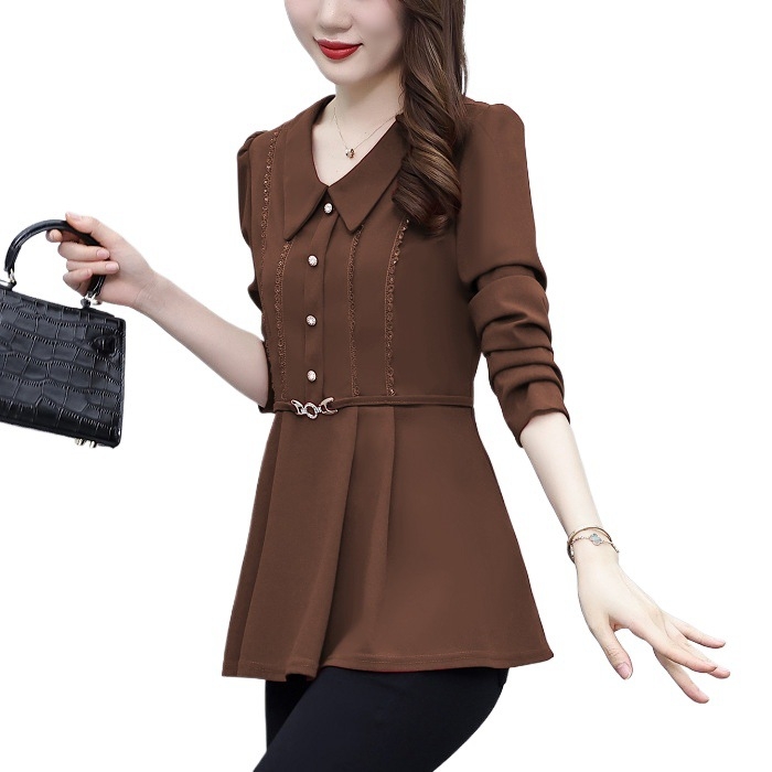 Женска риза от памучно-полиестерна смес, дълги ръкави, V-образна яка, пуловер стил, дължина 50–65 см