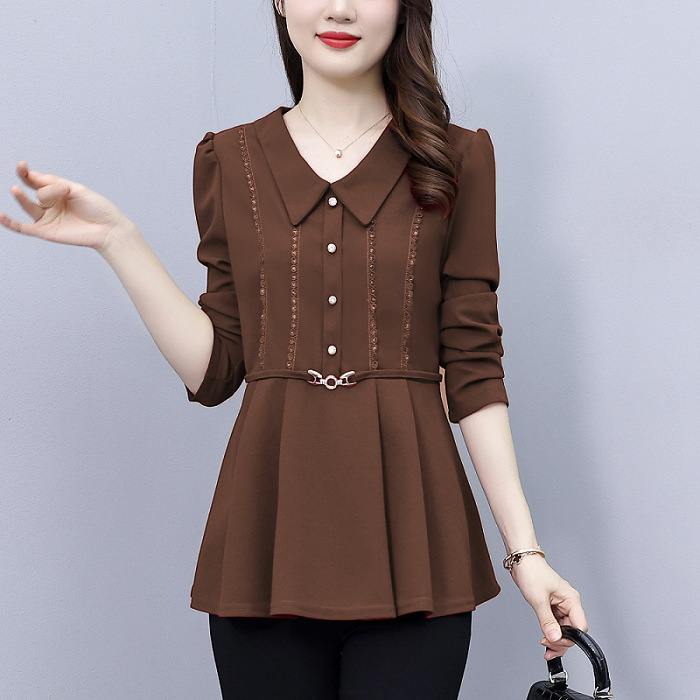 Женска риза от памучно-полиестерна смес, дълги ръкави, V-образна яка, пуловер стил, дължина 50–65 см