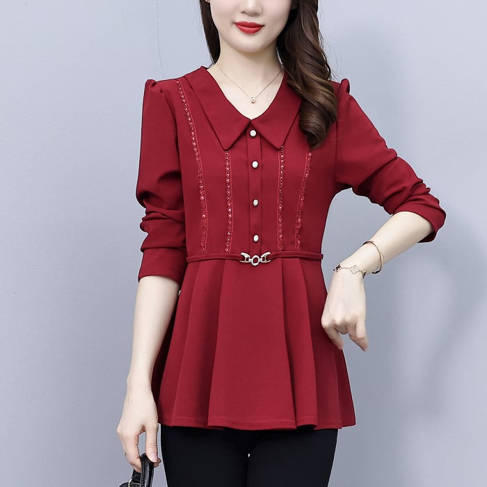 Женска риза от памучно-полиестерна смес, дълги ръкави, V-образна яка, пуловер стил, дължина 50–65 см