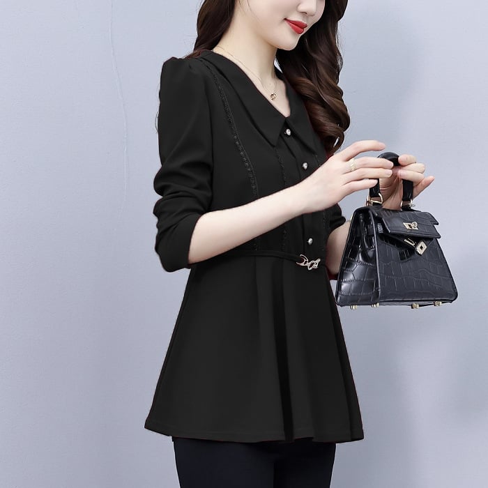 Женска риза от памучно-полиестерна смес, дълги ръкави, V-образна яка, пуловер стил, дължина 50–65 см