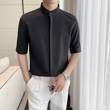 Muška košulja od konoplje, color-block uzorak, široki kutni ovratnik, 3/4 rukavi, slim fit