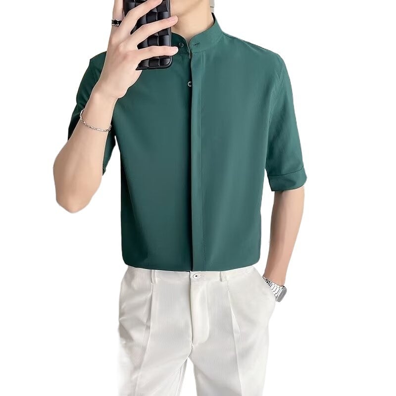 Muška košulja od konoplje, color-block uzorak, široki kutni ovratnik, 3/4 rukavi, slim fit