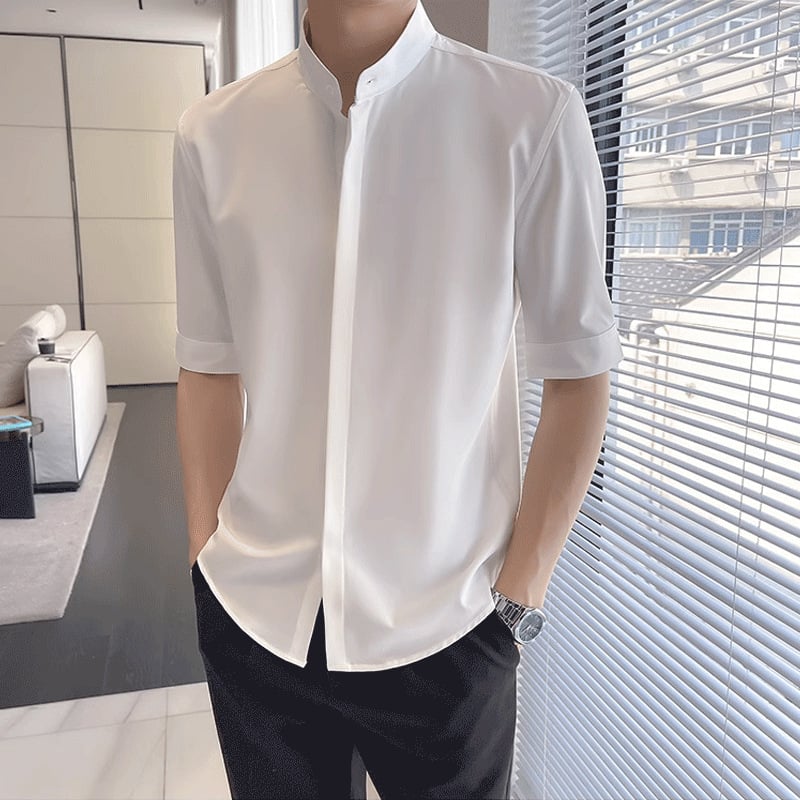 Muška košulja od konoplje, color-block uzorak, široki kutni ovratnik, 3/4 rukavi, slim fit