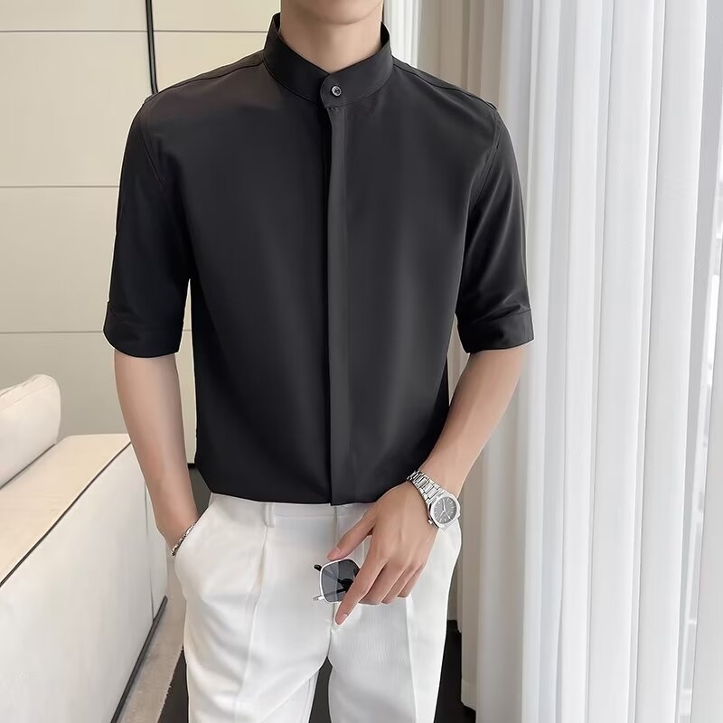 Muška košulja od konoplje, color-block uzorak, široki kutni ovratnik, 3/4 rukavi, slim fit