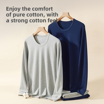 Vyriski 100% medvilnės terminis komplektas: marškinėliai su apvaliu kaklu ir kelnes, tankus audinys (201–250 g/m2), juosmens palaikymas, skirtas vidutinio amžiaus vyrams