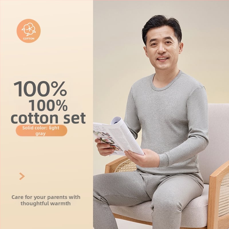 Vyriski 100% medvilnės terminis komplektas: marškinėliai su apvaliu kaklu ir kelnes, tankus audinys (201–250 g/m2), juosmens palaikymas, skirtas vidutinio amžiaus vyrams