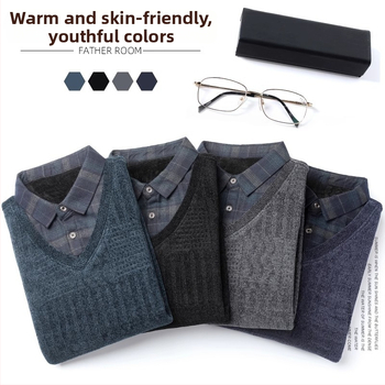 Muški zimski pulover od chenilla s fleece podstavom, debeli i topao, lažno dvodijelni dizajn, slobodan kroj, dugi rukavi, ovratnik košulje