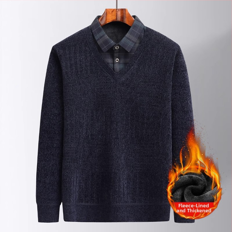 Muški zimski pulover od chenilla s fleece podstavom, debeli i topao, lažno dvodijelni dizajn, slobodan kroj, dugi rukavi, ovratnik košulje