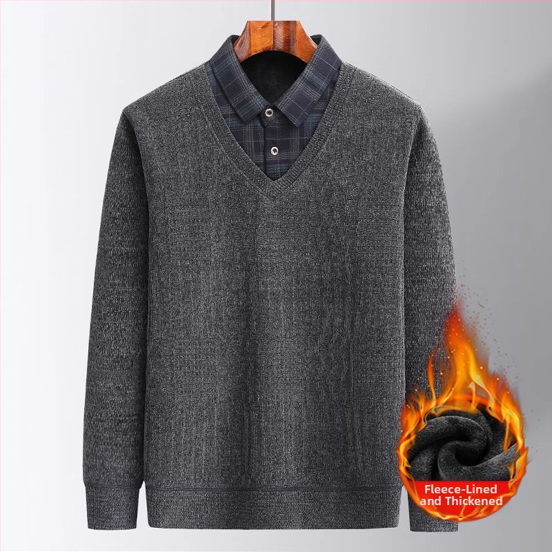 Muški zimski pulover od chenilla s fleece podstavom, debeli i topao, lažno dvodijelni dizajn, slobodan kroj, dugi rukavi, ovratnik košulje