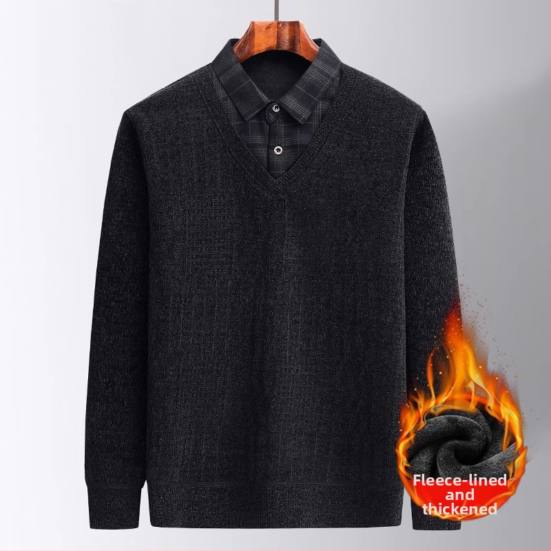 Muški zimski pulover od chenilla s fleece podstavom, debeli i topao, lažno dvodijelni dizajn, slobodan kroj, dugi rukavi, ovratnik košulje