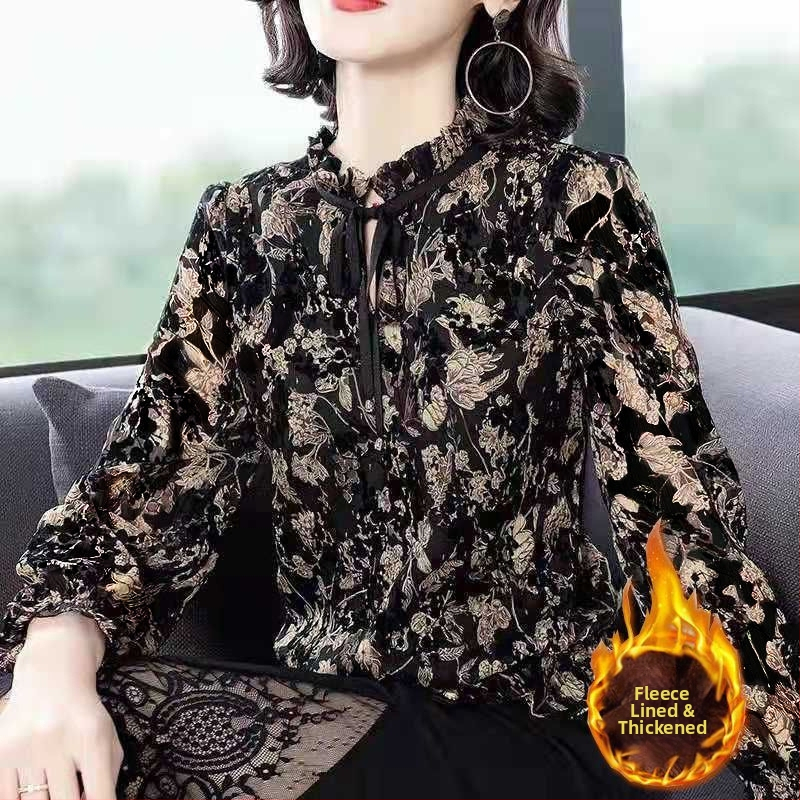 Sieviešu šifona blūza ar krekliņa apkakli, garām piedurknēm, lentes un mežģīņu detaļas, pavasaris 2024