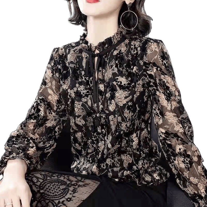 Sieviešu šifona blūza ar krekliņa apkakli, garām piedurknēm, lentes un mežģīņu detaļas, pavasaris 2024