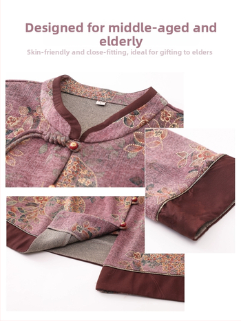 Set de cămașă și sacou de toamnă pentru femei în vârstă, stil Tang, imprimeu, mâneci lungi; material: poliester (>95%), viscoză (<30%), stil elegant, lansare toamnă 2025