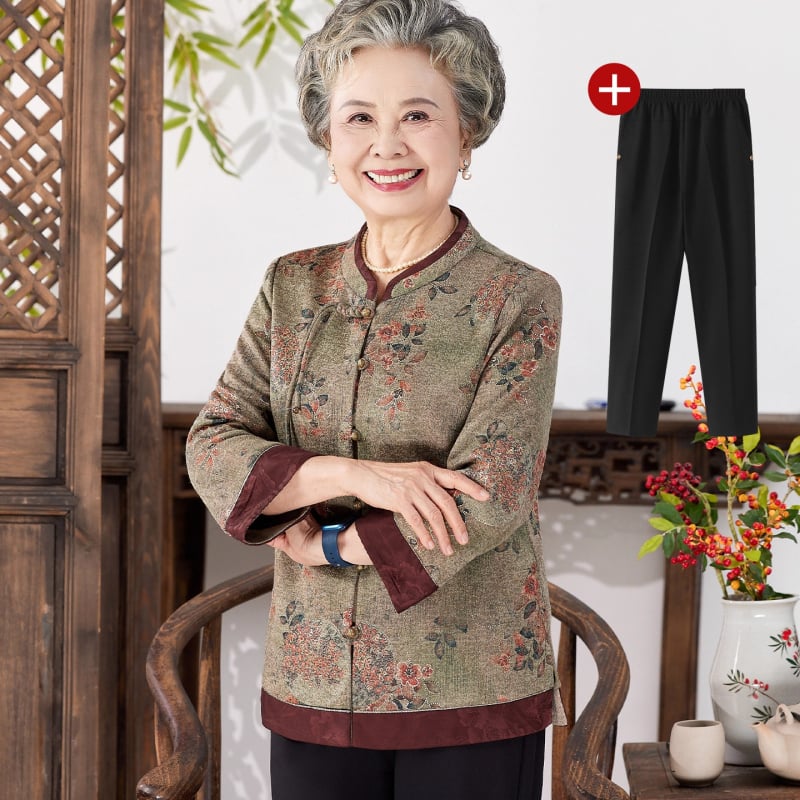 Set de cămașă și sacou de toamnă pentru femei în vârstă, stil Tang, imprimeu, mâneci lungi; material: poliester (>95%), viscoză (<30%), stil elegant, lansare toamnă 2025