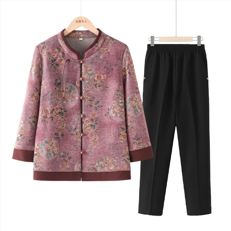 Set de cămașă și sacou de toamnă pentru femei în vârstă, stil Tang, imprimeu, mâneci lungi; material: poliester (>95%), viscoză (<30%), stil elegant, lansare toamnă 2025