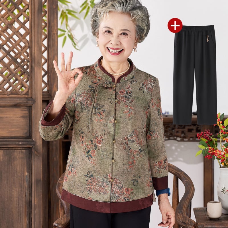 Set de cămașă și sacou de toamnă pentru femei în vârstă, stil Tang, imprimeu, mâneci lungi; material: poliester (>95%), viscoză (<30%), stil elegant, lansare toamnă 2025