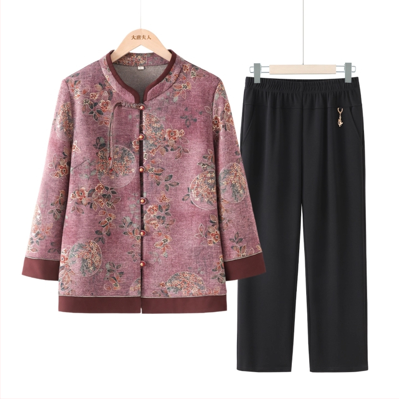 Set de cămașă și sacou de toamnă pentru femei în vârstă, stil Tang, imprimeu, mâneci lungi; material: poliester (>95%), viscoză (<30%), stil elegant, lansare toamnă 2025