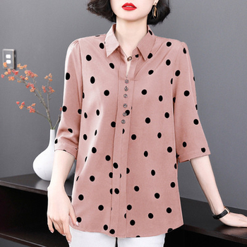 Ženska košulja s polka-dot uzorkom, poliester, dugi rukavi, stojeći ovratnik, širok kroj