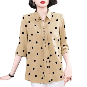 Ženska košulja s polka-dot uzorkom, poliester, dugi rukavi, stojeći ovratnik, širok kroj