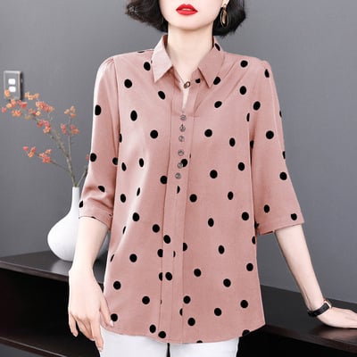 Ženska košulja s polka-dot uzorkom, poliester, dugi rukavi, stojeći ovratnik, širok kroj