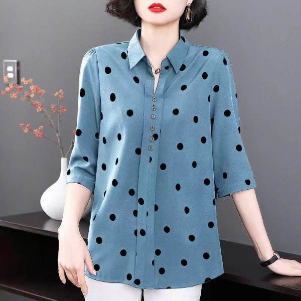 Ženska košulja s polka-dot uzorkom, poliester, dugi rukavi, stojeći ovratnik, širok kroj