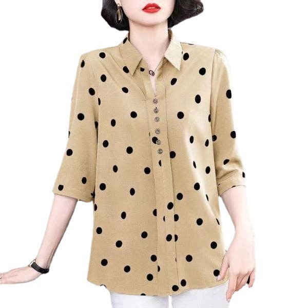 Ženska košulja s polka-dot uzorkom, poliester, dugi rukavi, stojeći ovratnik, širok kroj