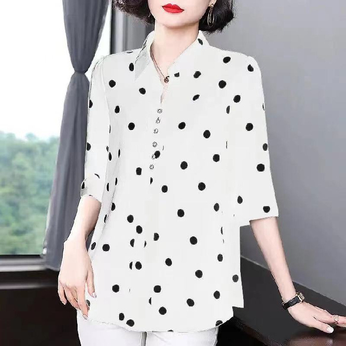 Ženska košulja s polka-dot uzorkom, poliester, dugi rukavi, stojeći ovratnik, širok kroj