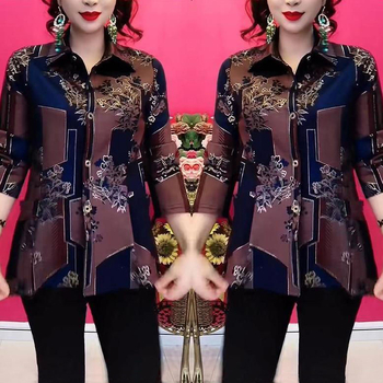 Női virágmintás poliészter felső, hosszú ujjú, polo gallér, lazán szabott, kardigán-stílusú top (2024 tavasz)