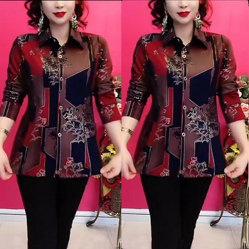 Női virágmintás poliészter felső, hosszú ujjú, polo gallér, lazán szabott, kardigán-stílusú top (2024 tavasz)